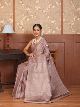 Light Brown Pure Kanjivaram Silk Saree with Silver Zari