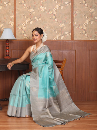 Aqua Blue and Grey Pure Kanjivaram Silk Saree