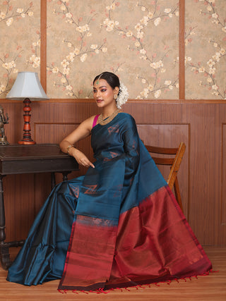 Peacock Blue and Wine Pure Kanjivaram Silk Saree