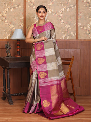 Brown and Magenta Pure Kanjivaram Silk Saree