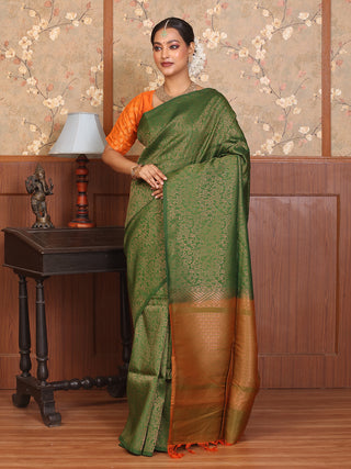 Forest Green and Orange Pure Kanjivaram Silk Saree