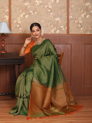 Forest Green and Orange Pure Kanjivaram Silk Saree
