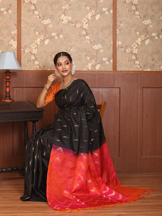 Black and Sunset Pink Pure Kanjivaram Silk Saree