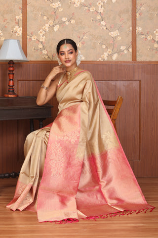Sandal and English Rose Pink Pure Kanjivaram Silk Saree