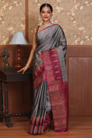 Elephant Grey and Wine Pure Kanjivaram Silk Saree