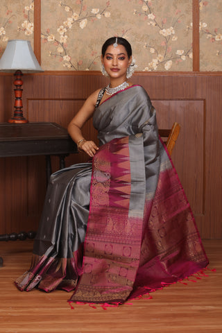Elephant Grey and Wine Pure Kanjivaram Silk Saree
