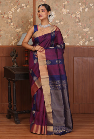 Magenta and Navy Blue Pure Kanjivaram Silk Saree