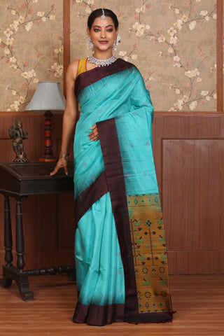 Teal Blue and Wine Pure Kanjivaram Silk Saree