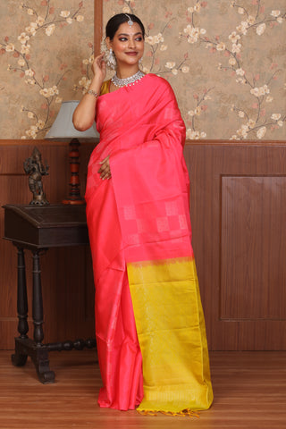 Sunset Pink and Lemon Yellow Kanjivaram Silk Saree
