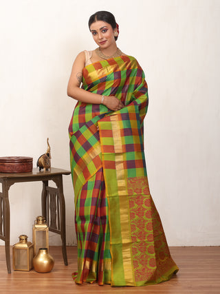 Green and Maroon Checked Kanjivaram Silk Saree