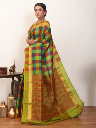 Green and Maroon Checked Kanjivaram Silk Saree