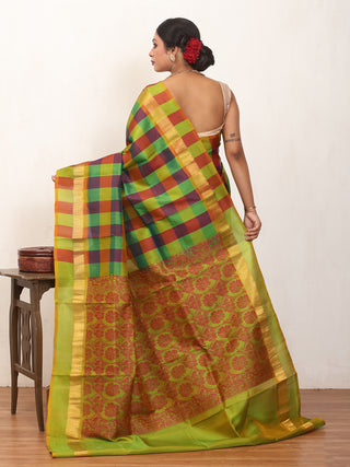 Green and Maroon Checked Kanjivaram Silk Saree