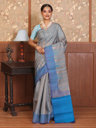 Grey and Blue Pure Kanjivaram Silk Saree