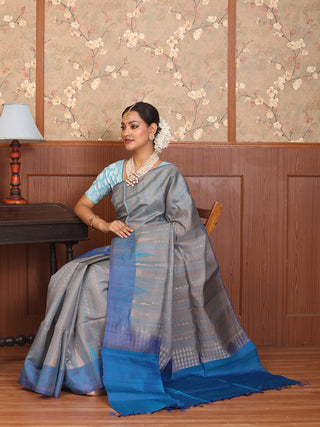 Grey and Blue Pure Kanjivaram Silk Saree