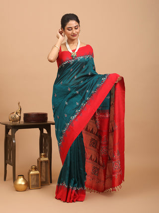 Rama Green and Crimson Red Kanchipuram Silk Cotton Saree with Kantha Embroidery