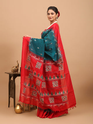 Rama Green and Crimson Red Kanchipuram Silk Cotton Saree with Kantha Embroidery