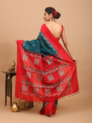 Rama Green and Crimson Red Kanchipuram Silk Cotton Saree with Kantha Embroidery