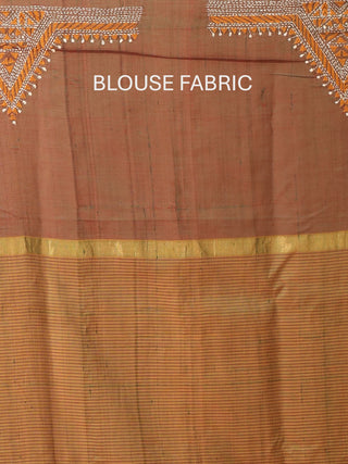 Coffee Brown and Rusty Orange Kanchipuram Silk Cotton Saree with Kantha Embroidery