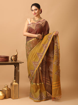 Coffee Brown and Rusty Orange Kanchipuram Silk Cotton Saree with Kantha Embroidery