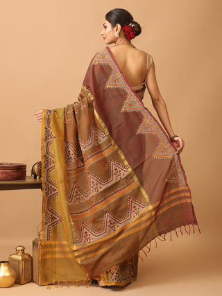 Coffee Brown and Rusty Orange Kanchipuram Silk Cotton Saree with Kantha Embroidery