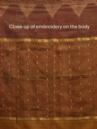 Coffee Brown and Rusty Orange Kanchipuram Silk Cotton Saree with Kantha Embroidery