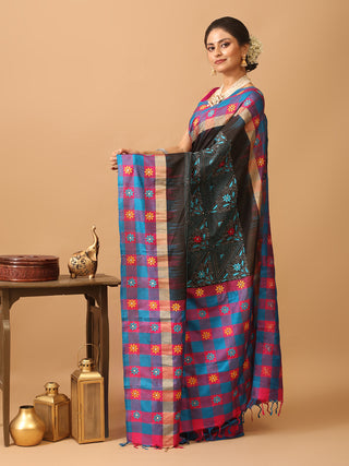 Black Pure Kanjivaram Silk Saree Featuring Hand Kantha Embroidery
