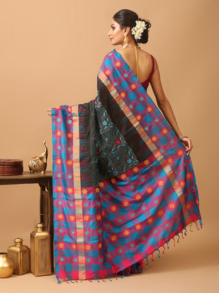 Black Pure Kanjivaram Silk Saree Featuring Hand Kantha Embroidery