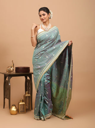 Sea-Green And Rusty Orange, Dual tone Pure Kanjivaram Silk Saree Featuring Hand Kantha Embroidery