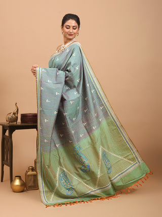 Sea-Green And Rusty Orange, Dual tone Pure Kanjivaram Silk Saree Featuring Hand Kantha Embroidery