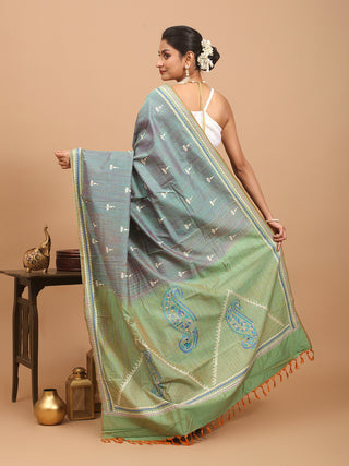 Sea-Green And Rusty Orange, Dual tone Pure Kanjivaram Silk Saree Featuring Hand Kantha Embroidery