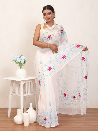White Cotton Kota Doria Saree with Machine And Hand Embroidery