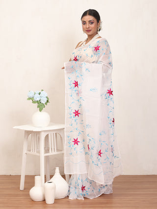 White Cotton Kota Doria Saree with Machine And Hand Embroidery