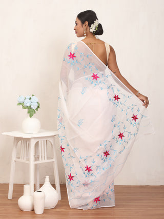 White Cotton Kota Doria Saree with Machine And Hand Embroidery