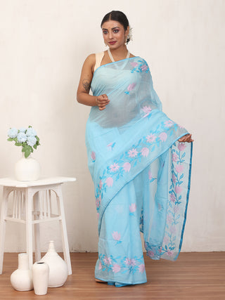 Blue Cotton Kota Doria Saree with Machine Embroidery