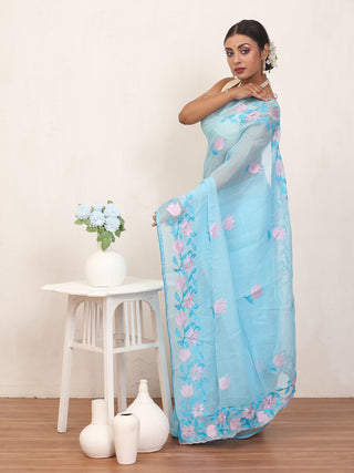 Blue Cotton Kota Doria Saree with Machine Embroidery