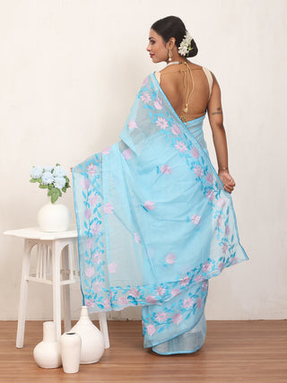 Blue Cotton Kota Doria Saree with Machine Embroidery