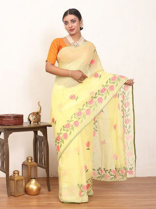 Yellow Cotton Kota Doria Saree with Machine Embroidery