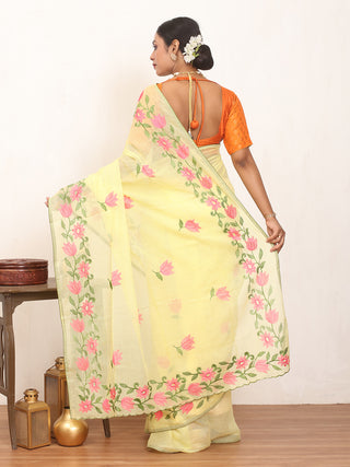 Yellow Cotton Kota Doria Saree with Machine Embroidery