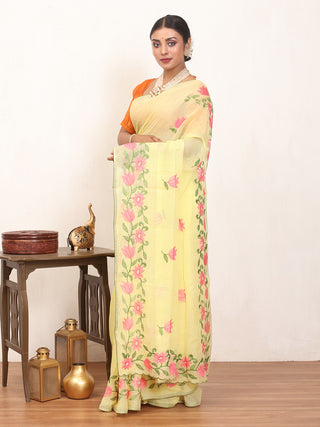Yellow Cotton Kota Doria Saree with Machine Embroidery