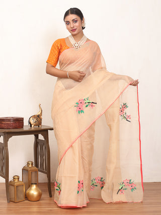 Beige Cotton Kota Doria Saree with Machine Embroidery