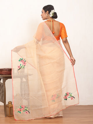 Beige Cotton Kota Doria Saree with Machine Embroidery