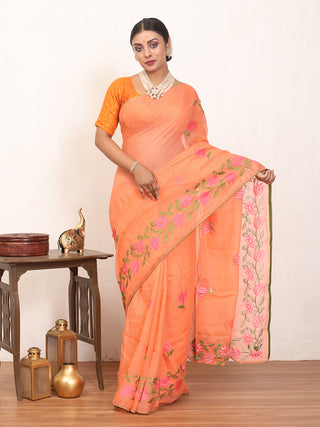 Peach Cotton Kota Doria Saree with Machine Embroidery