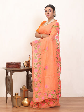 Peach Cotton Kota Doria Saree with Machine Embroidery