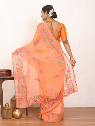 Peach Cotton Kota Doria Saree with Machine Embroidery