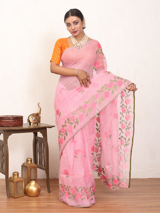 Pink Cotton Kota Doria Saree with Machine Embroidery