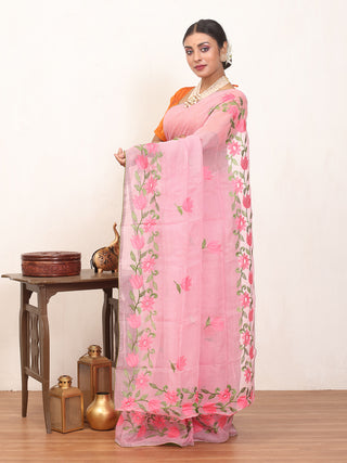 Pink Cotton Kota Doria Saree with Machine Embroidery