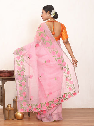 Pink Cotton Kota Doria Saree with Machine Embroidery
