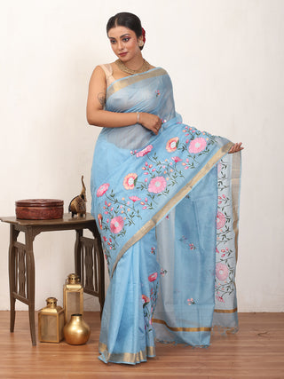 Blue Supernet Kota Saree with Machine Embroidery