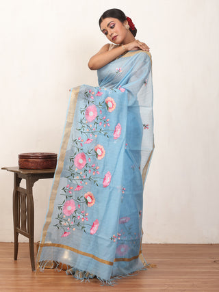 Blue Supernet Kota Saree with Machine Embroidery