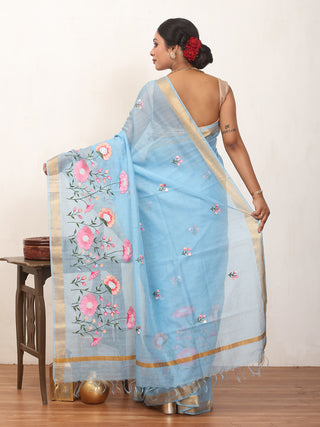 Blue Supernet Kota Saree with Machine Embroidery